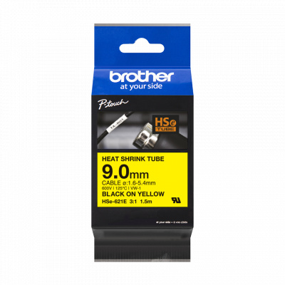 Brother HSe-621E Pro Tape, 9 mm x 1.5. m, czarny druk / żółty podkład , taśma oryginalna