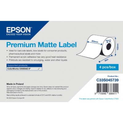 Epson C33S045739 Premium Matte, dla ColorWorks, 203mmx60m, biały etykiety samoprzylepne