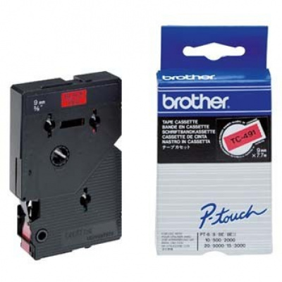Brother TC-491, 9mm x 7,7m, czarny druk / czerwony podkład, taśma oryginalna