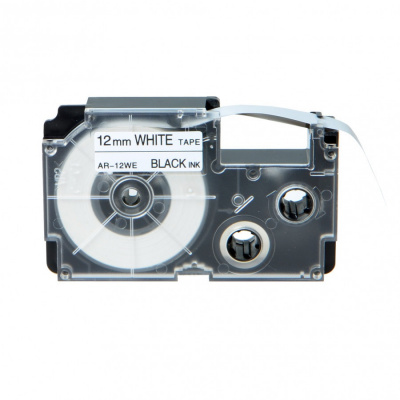 Casio XR-12GWE, 12mm x 5,5m czarny druk / biały podkład, extr.adh. taśma zamiennik