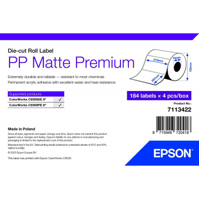 Epson 7113422 PP Matte, dla ColorWorks, 210x297mm, 184szt., polipropylen, biały etykiety samoprzylepne