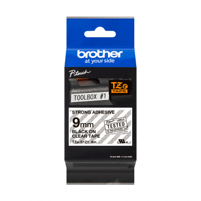 Brother TZ-S121 / TZe-S121 Pro Tape, 9mm x 8m, czarny druk/przezroczysty podkład, taśma oryginalna