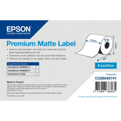 Epson C33S045741 Premium Matte, dla ColorWorks, 102mmx60m, biały etykiety samoprzylepne