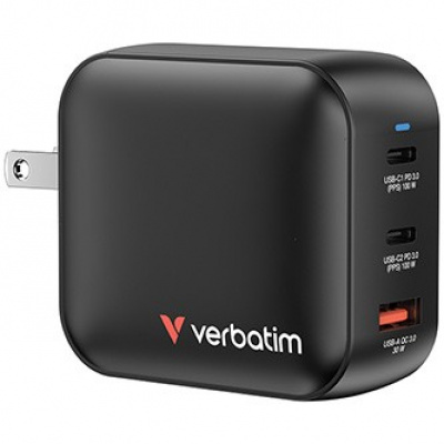 Verbatim, Mini GaN síťová nabíječka do sítě 2 x USB-CR PD 100W a 1 x USB-A QC 3.0, šedá, 100 W, vyměnitelné vidlice C,G,A