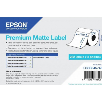 Epson C33S045740 Premium Matte, dla ColorWorks, 105x210mm, 282szt., biały etykiety samoprzylepne