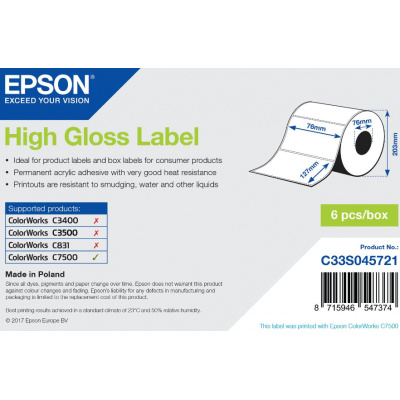 Epson C33S045721 High Gloss, dla ColorWorks, 76x127mm, 960szt., biały etykiety samoprzylepne
