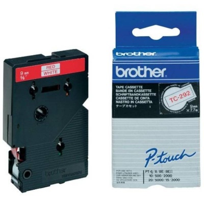 Brother TC-292, 9mm x 7,7m, czerwony druk / biały podkład, taśma oryginalna