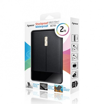 Apacer zewnętrzny dysk twardy, AC731, 2.5", USB 3.0 (3.2 Gen 1), 2TB, AP2TBAC731B-1, czarny, odporność na wstrząsy, odporność na kurz i wodę