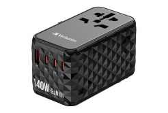 Verbatim UTA-10 GaN III 32125, Uniwersalny adapter podróżny, 2x USB-C PD i QC 4+, 1x USB-C PD 3.0, 1x USB-A QC, czarny, 140 W