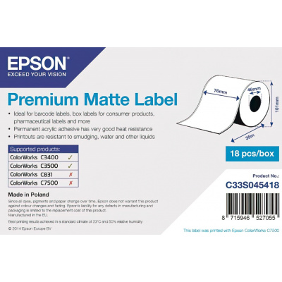 Epson C33S045418 Premium Matte, dla ColorWorks, 76mmx35m, biały etykiety samoprzylepne