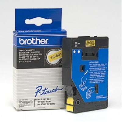 Brother TC-601, 12mm x 7,7m, czarny druk / żółty podkład, taśma oryginalna