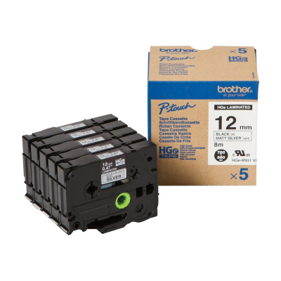 Brother HGE-M931V5, 12mm x 8m, czarny druk / srebrny podkład, taśma oryginalna, 5szt.