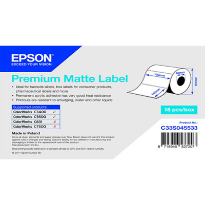 Epson C33S045533 Premium Matte, dla ColorWorks, 102x152mm, 225szt., biały etykiety samoprzylepne