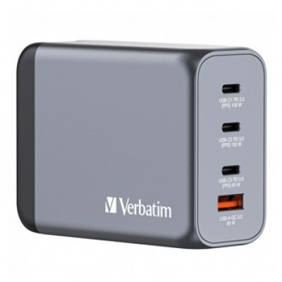 Verbatim GaN 32204, podróżna ładowarka sieciowa, USB 3.0, USB C, szary, 200 W, wymienne widelce C,G,A