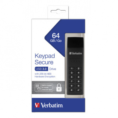 Verbatim USB flash disk, USB 3.0, 64GB, Keypad Secure, černý, 49428, 256bitové hardwarové šifrování AES, LED indikátor konektor US
