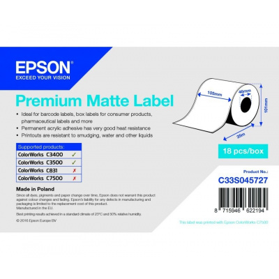 Epson C33S045727 Premium Matte, dla ColorWorks, 105mmx35m, biały etykiety samoprzylepne