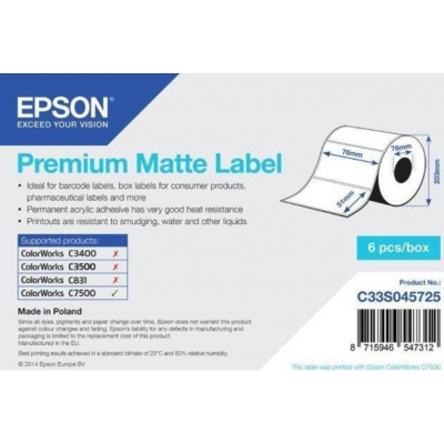 Epson C33S045725 Premium Matte, dla ColorWorks, 76x51mm, 2310szt., biały etykiety samoprzylepne