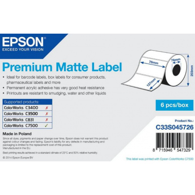 Epson C33S045726 Premium Matte, dla ColorWorks, 76x127mm, 960szt., biały etykiety samoprzylepne