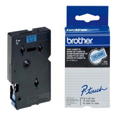Brother TC-591, 9mm x 7,7m, czarny druk / niebieski podkład, taśma oryginalna
