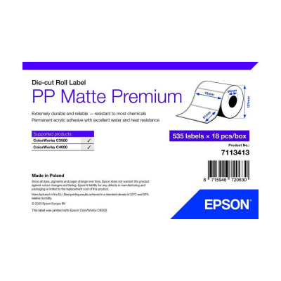 Epson 7113413 PP Matte, dla ColorWorks, 76x51mm, 535szt., polipropylen, biały etykiety samoprzylepne