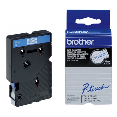 Brother TC-203, 12mm x 7,7m, niebieski druk / biały podkład, taśma oryginalna