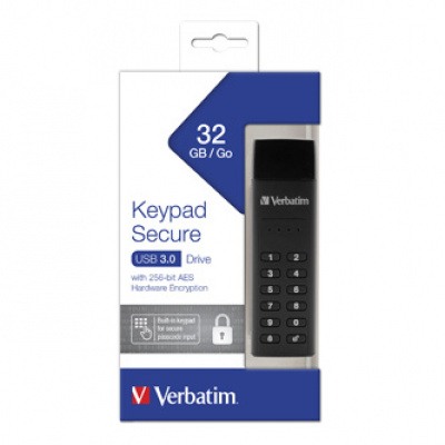 Verbatim USB flash disk, USB 3.0, 32GB, Keypad Secure, černý, 49427, 256bitové hardwarové šifrování AES, LED indikátor konektor US