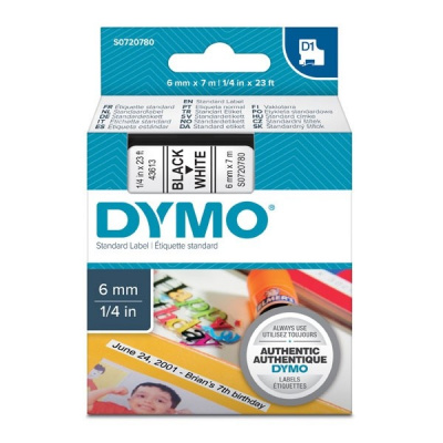 Dymo D1 43613, S0720780, 6mm x 7m czarny druk / biały podkład, taśma oryginalna