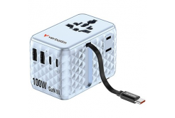 Verbatim 30192, Uniwersalny adapter podróżny Charge ,n, Travel 2x USB-C, 2X USB-A + 1x zintegrowany kabel USB-C, niebieska, 100 W