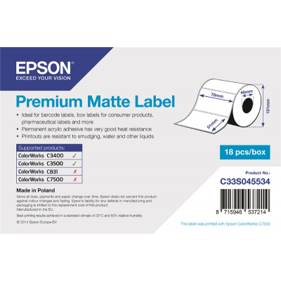 Epson C33S045534 Premium Matte, dla ColorWorks, 76x51mm, 650szt., biały etykiety samoprzylepne
