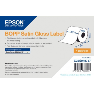 Epson C33S045737 BOPP Satin Gloss, dla ColorWorks, 203mmx68m, biały etykiety samoprzylepne