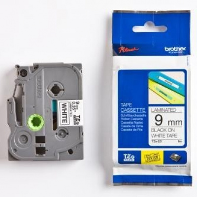Brother TZ-221 / TZe-221, 9mm x 8m, czarny druk / biały podkład, taśma oryginalna