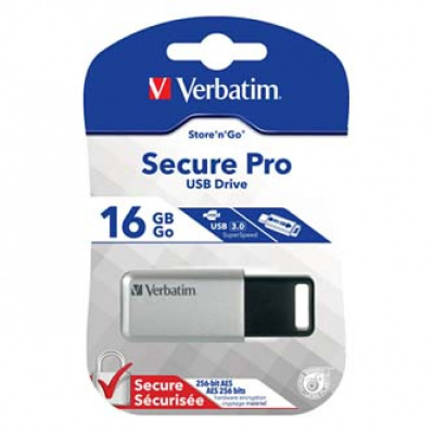 Verbatim USB flash disk, USB 3.0, 16GB, Secure Pro, Store N Go, stříbrný, 98664, USB A, AES 256-bit šifrování, s výsuvným konektor
