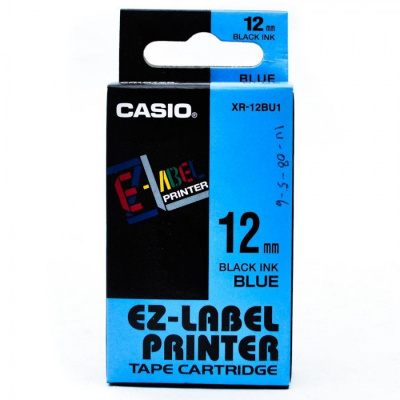 Casio XR-12BU1, 12mm x 8m, czarny druk / niebieski podkład, taśma oryginalna