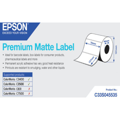Epson C33S045535 Premium Matte, dla ColorWorks, 76x127mm, 265szt., biały etykiety samoprzylepne