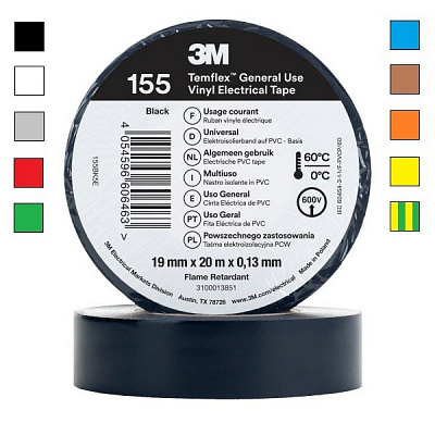 3M Temflex 155 Taśma elektroizolacyjna, gr. 0,13 mm, 19 mm x 20 m 19 mm x 20 m czarna/black