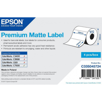 Epson C33S045724 Premium Matte, dla ColorWorks, 102x152mm, 800szt., biały etykiety samoprzylepne