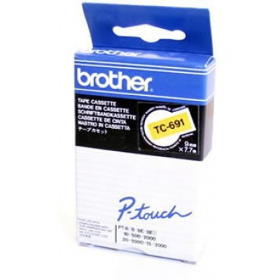 Brother TC-691, 9mm x 7,7m, czarny druk / żółty podkład, taśma oryginalna