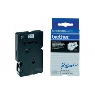 Brother TC-291, 9mm x 7,7m, czarny druk / biały podkład, taśma oryginalna
