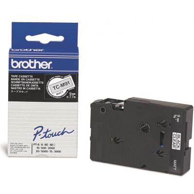 Brother TC-M91, 9mm x 7,7m, czarny druk / przezroczysty podkład, taśma oryginalna