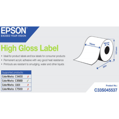 Epson C33S045537 High Gloss, dla ColorWorks, 76mmx33m, biały etykiety samoprzylepne