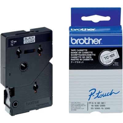 Brother TC-101, 12mm x 7,7m, czarny druk / przezroczysty podkład, taśma oryginalna