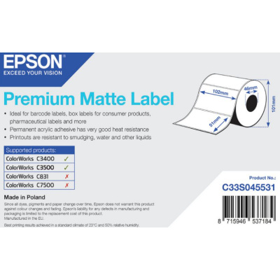 Epson C33S045531 Premium Matte, dla ColorWorks, 102x51mm, 650szt., biały etykiety samoprzylepne