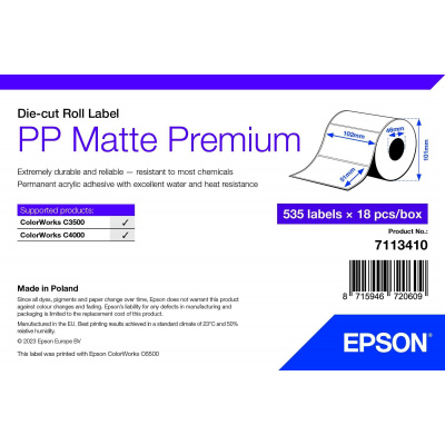 Epson 7113410 PP Matte, dla ColorWorks, 102x51mm, 535szt., polipropylen, biały etykiety samoprzylepne