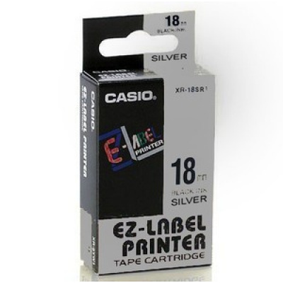 Casio XR-18SR1, 18mm x 8m, czarny druk / srebrny podkład, taśma oryginalna