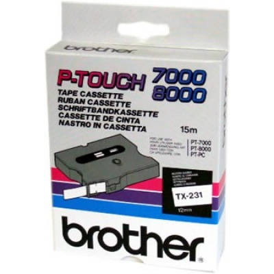 Brother TX-231, 12mm x 15m, czarny druk / biały podkład, taśma oryginalna