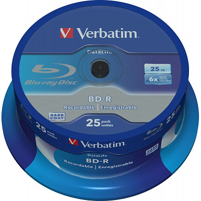 VERBATIM BD-R SL Datalife (opakowanie 25 szt.)Blu-Ray/Spindle/6x/25GB BIAŁO-NIEBIESKA POWIERZCHNIA
