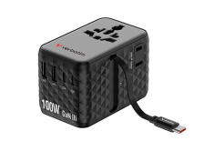 Verbatim 30191, Uniwersalny adapter podróżny Charge ,n, Travel 2x USB-C, 2X USB-A + 1x zintegrowany kabel USB-C, czarny, 100 W