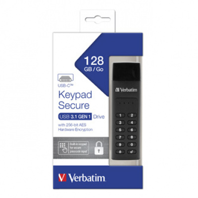 Verbatim USB flash disk, USB 3.0, 128GB, Keypad Secure, černý, 49432, USB C, 256bitové hardwarové šifrování AES, LED indikátor