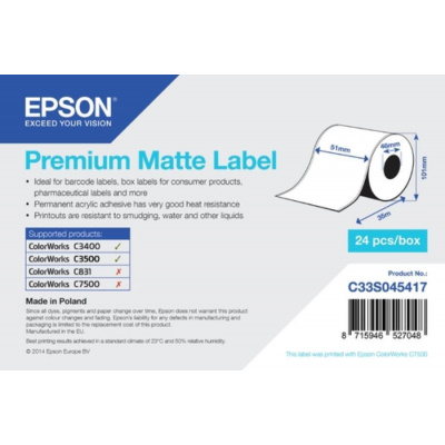 Epson C33S045417 Premium Matte, dla ColorWorks, 51mmx35m, biały etykiety samoprzylepne