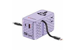 Verbatim 30188, Uniwersalny adapter podróżny Charge ,n, Travel 1x USB-C, 1X USB-A + 2x zintegrowany kabel USB-C, fioletowa, 70 W
